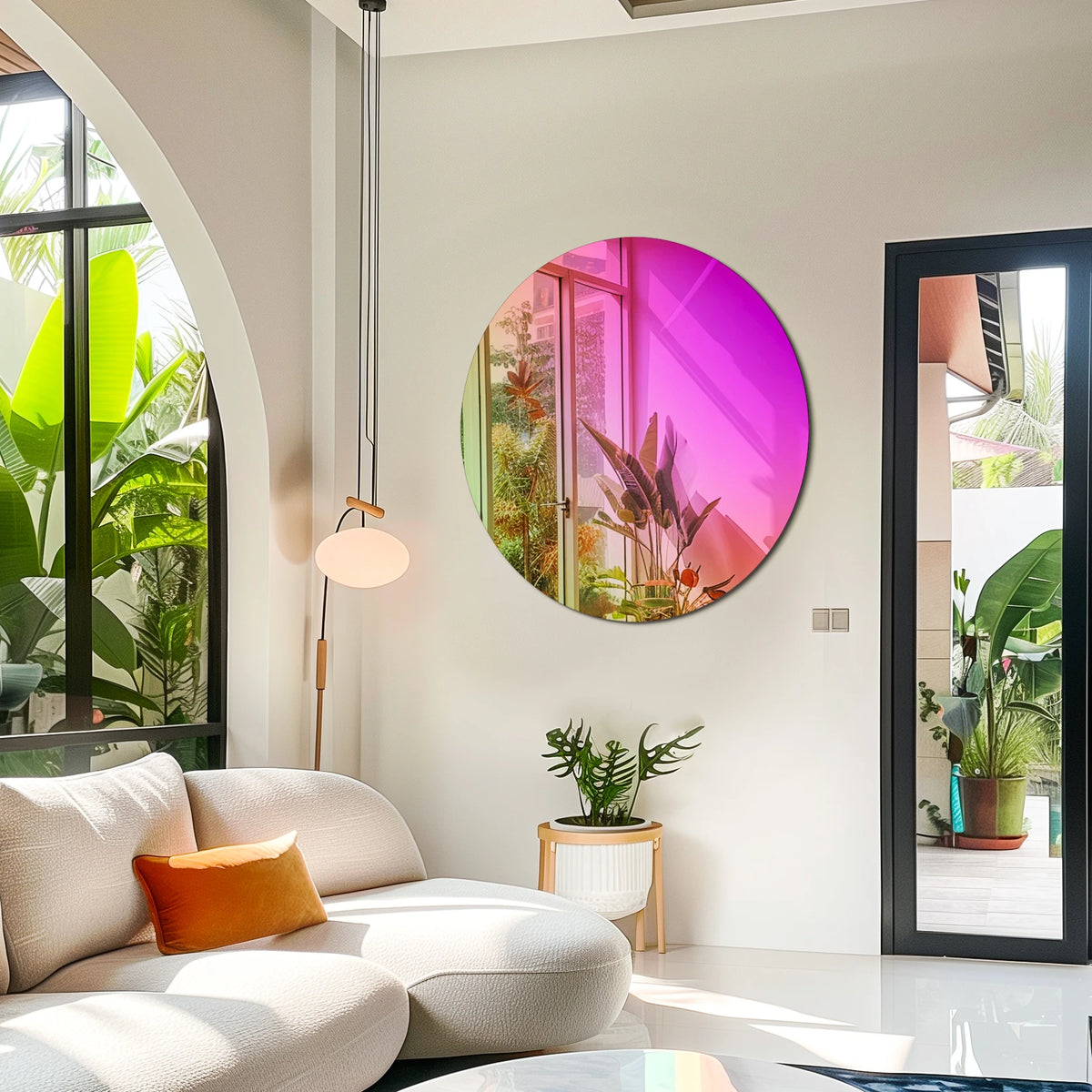 Tinted round mirror in a bright living room