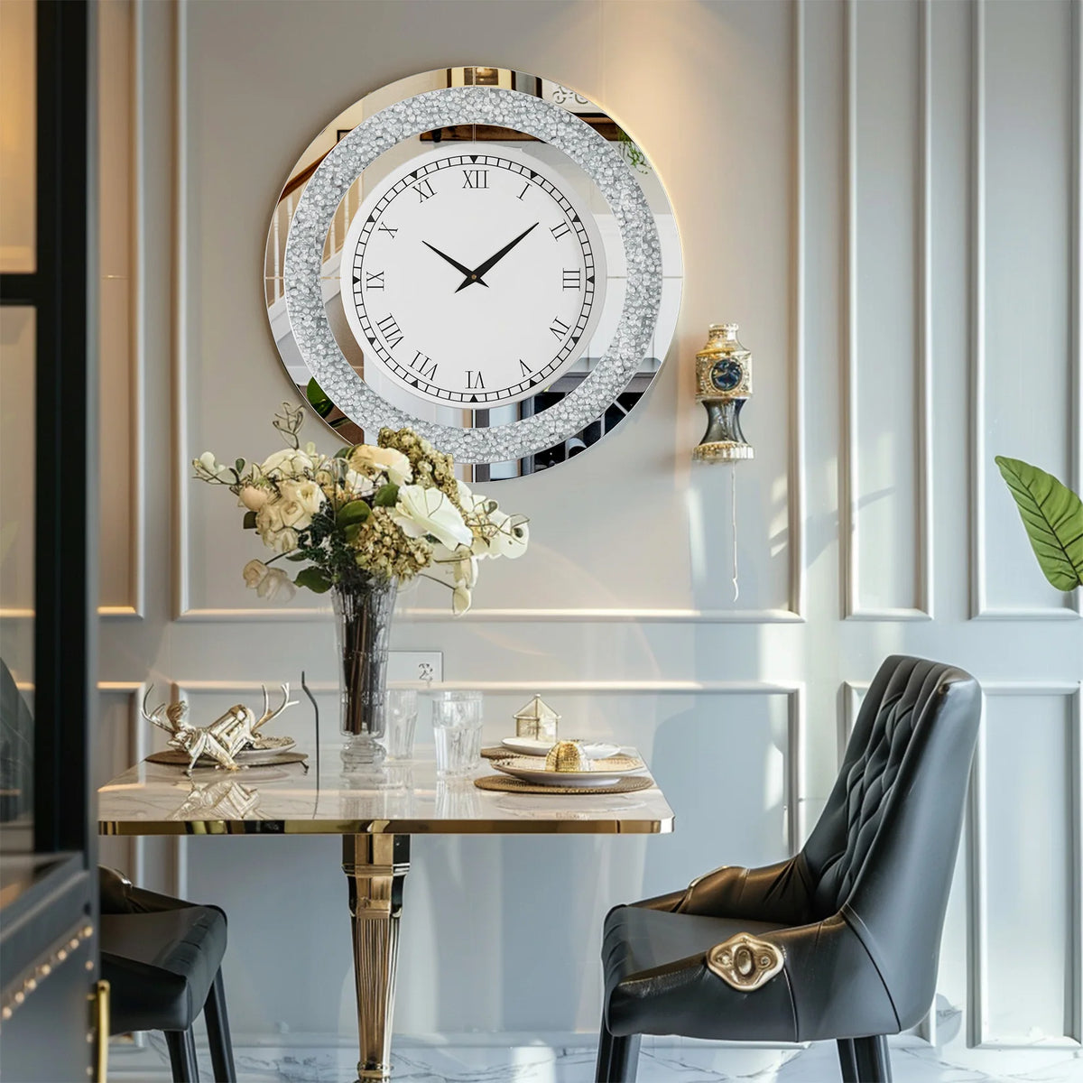 24 inch crystal mirror wall clock, silver