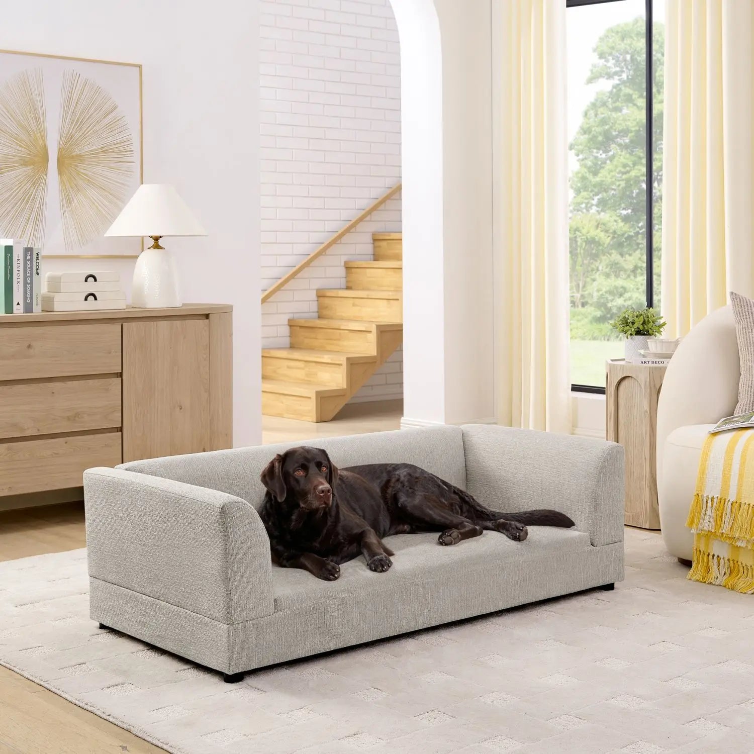 Modern Rectangular Design Oversized Pet Sofa Comfortable with Backrest & Armrests Soft Beige Cushion for Medium/Large Dogs