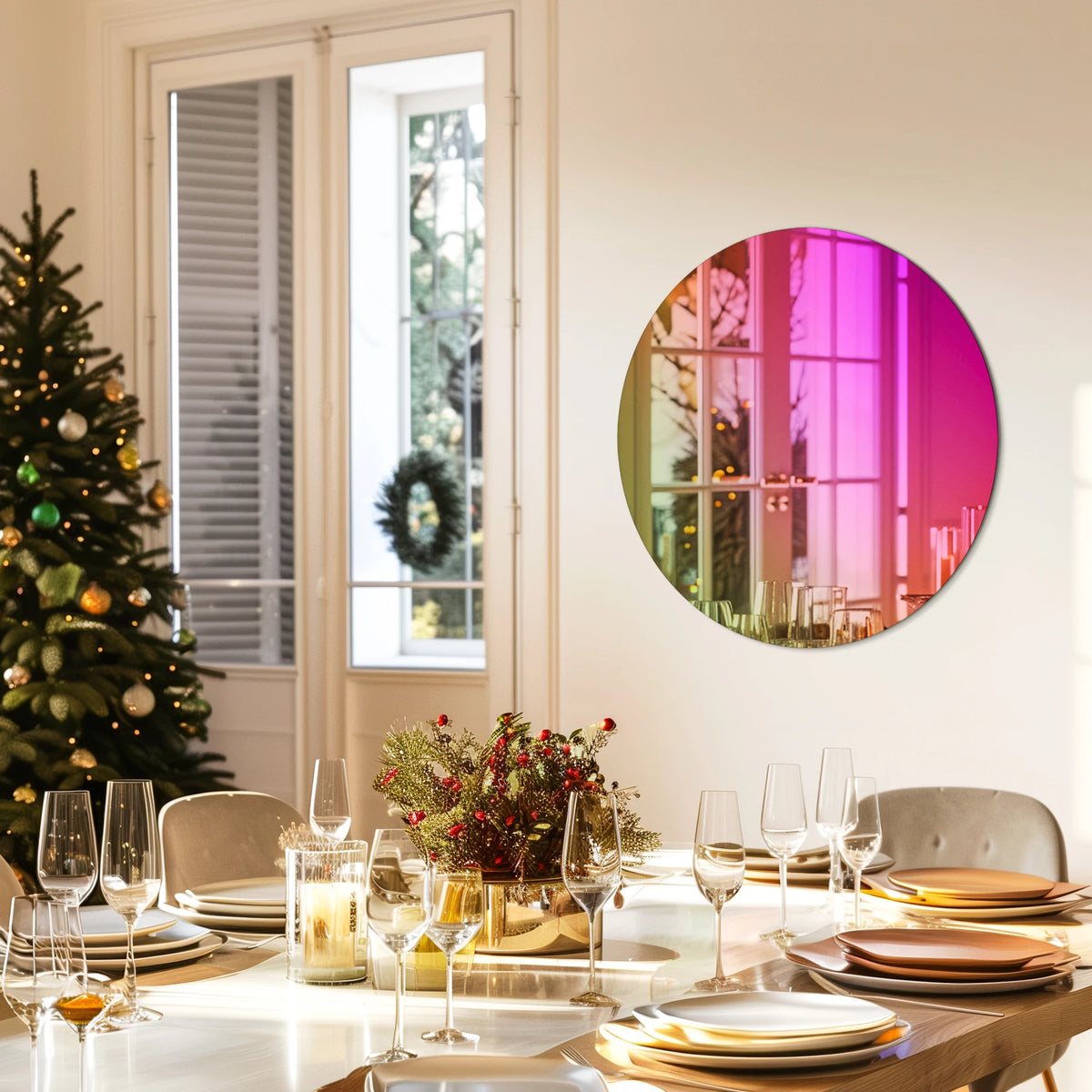 Gradient round mirror in a dining room