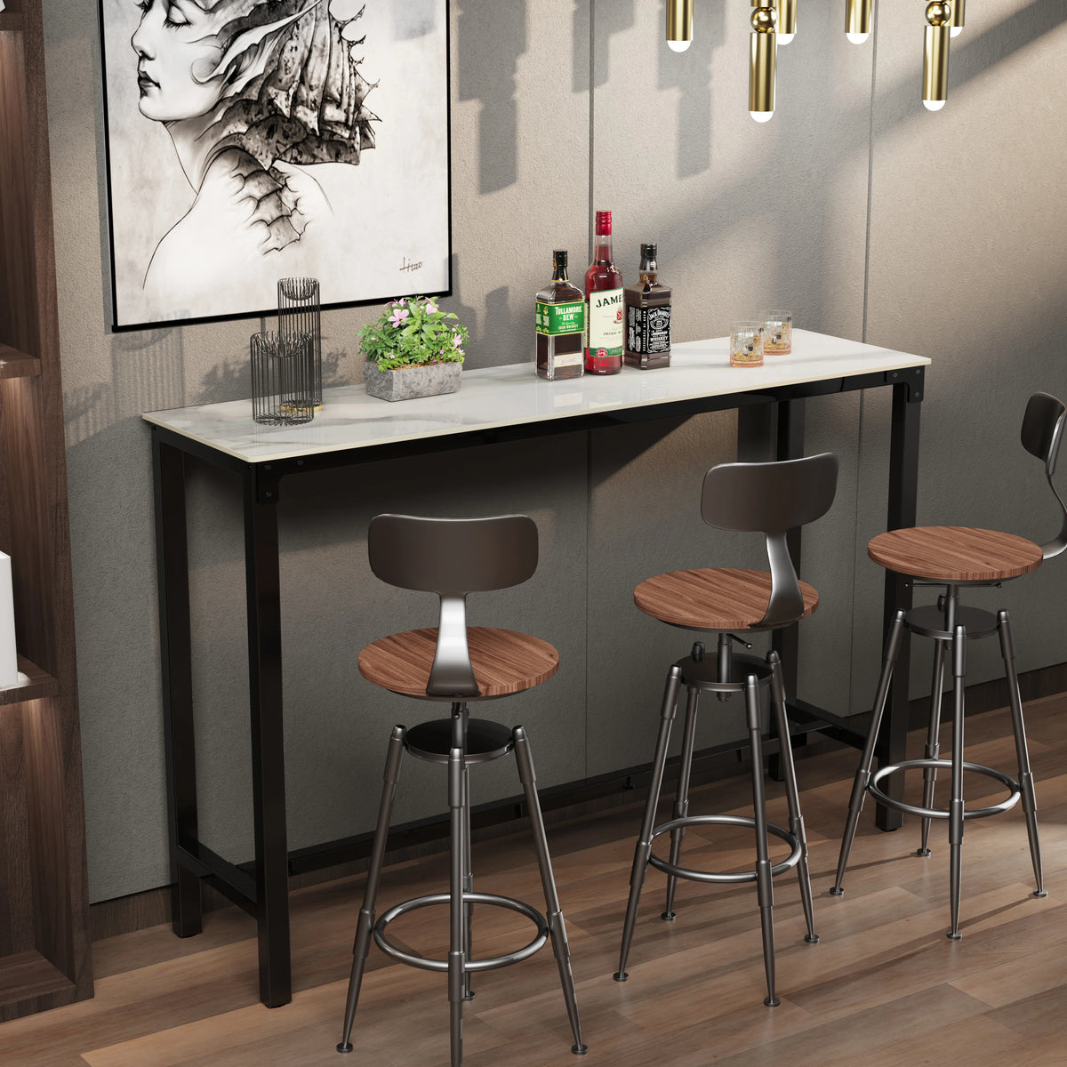 Glossy white bar table with stools