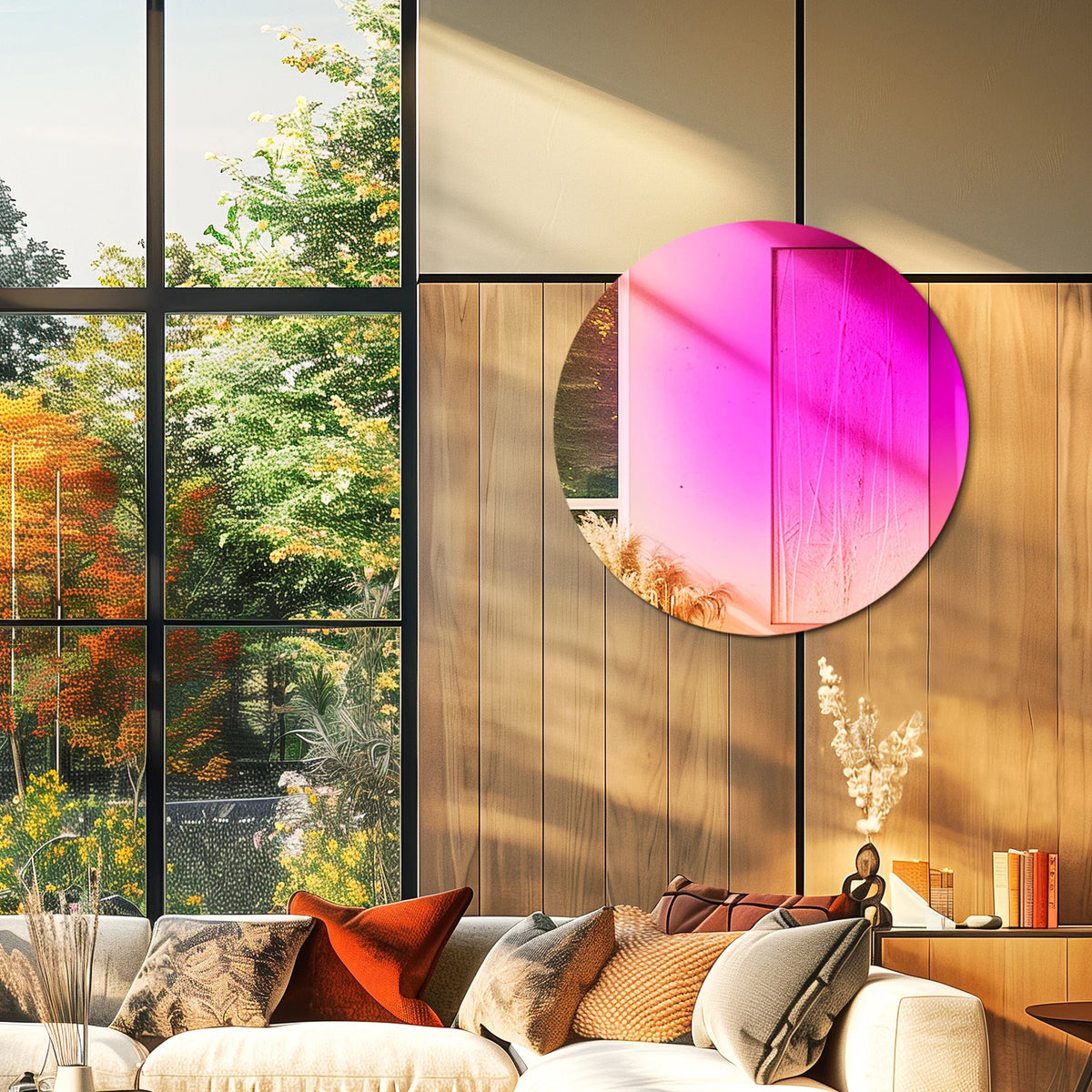 Rainbow gradient round wall mirror above a sofa