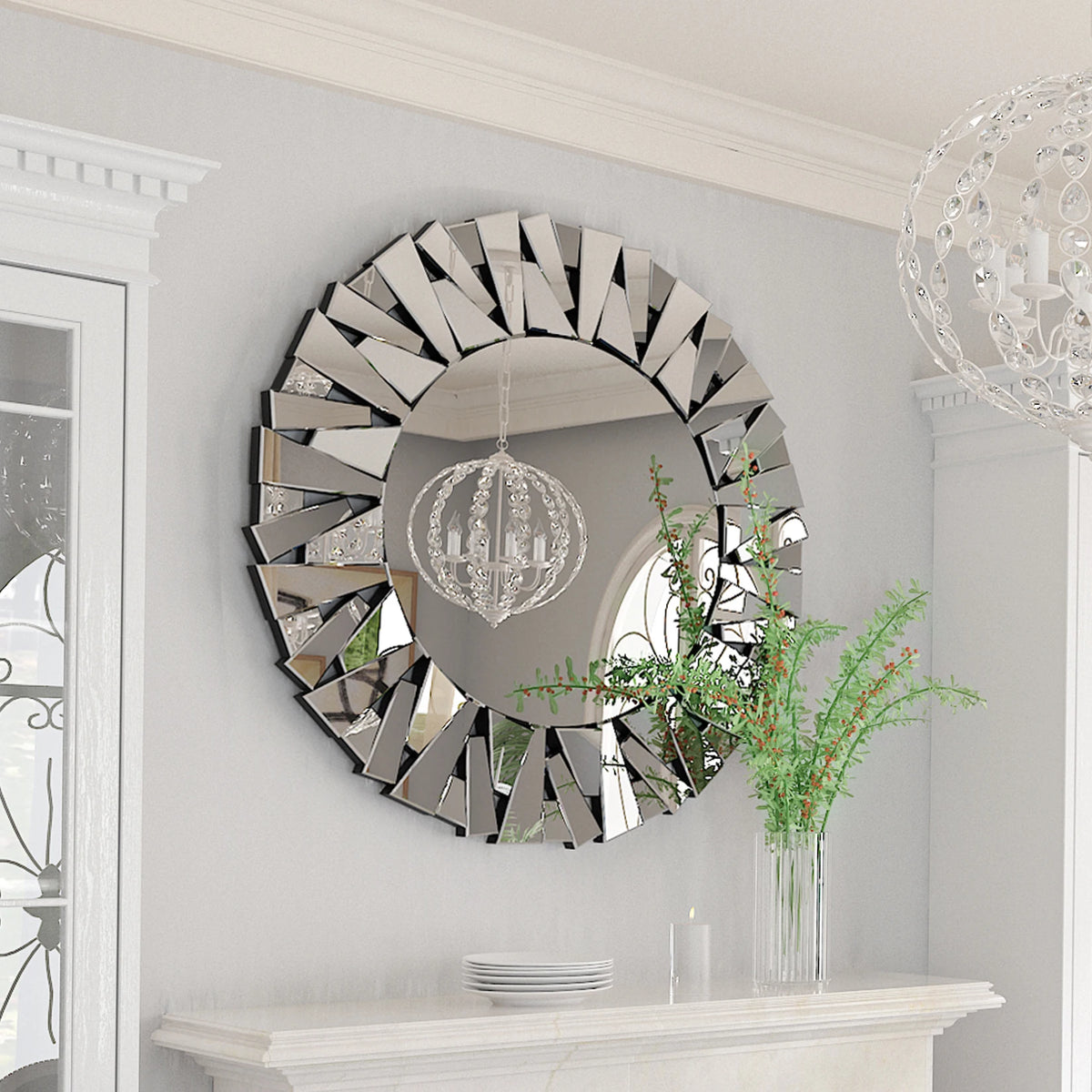 Bevelled silver glass sunburst mirror detail