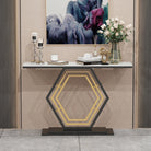 Hexagon console table below wall art