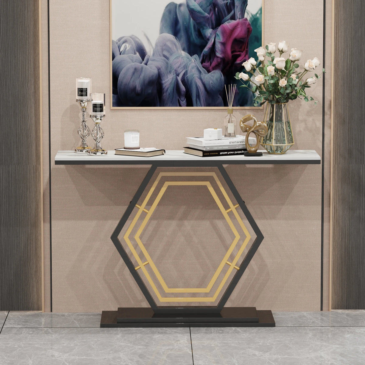 Hexagon console table below wall art