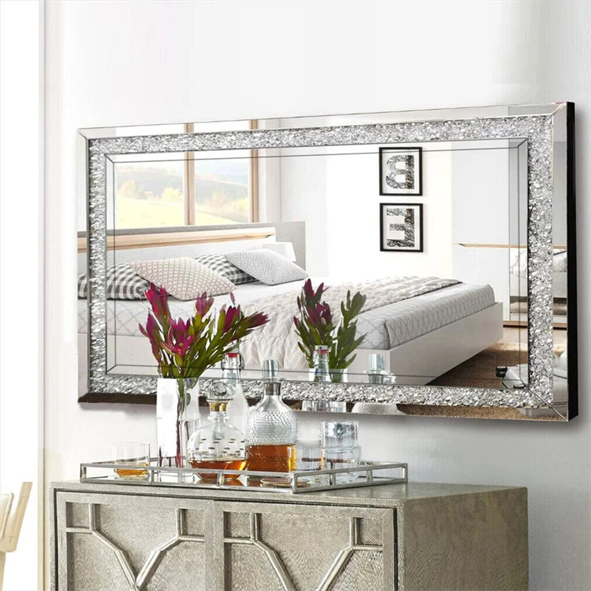 Crushed crystal rectangle wall mirror above a sideboard