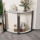 Half moon console table with white stone shelves in an entryway