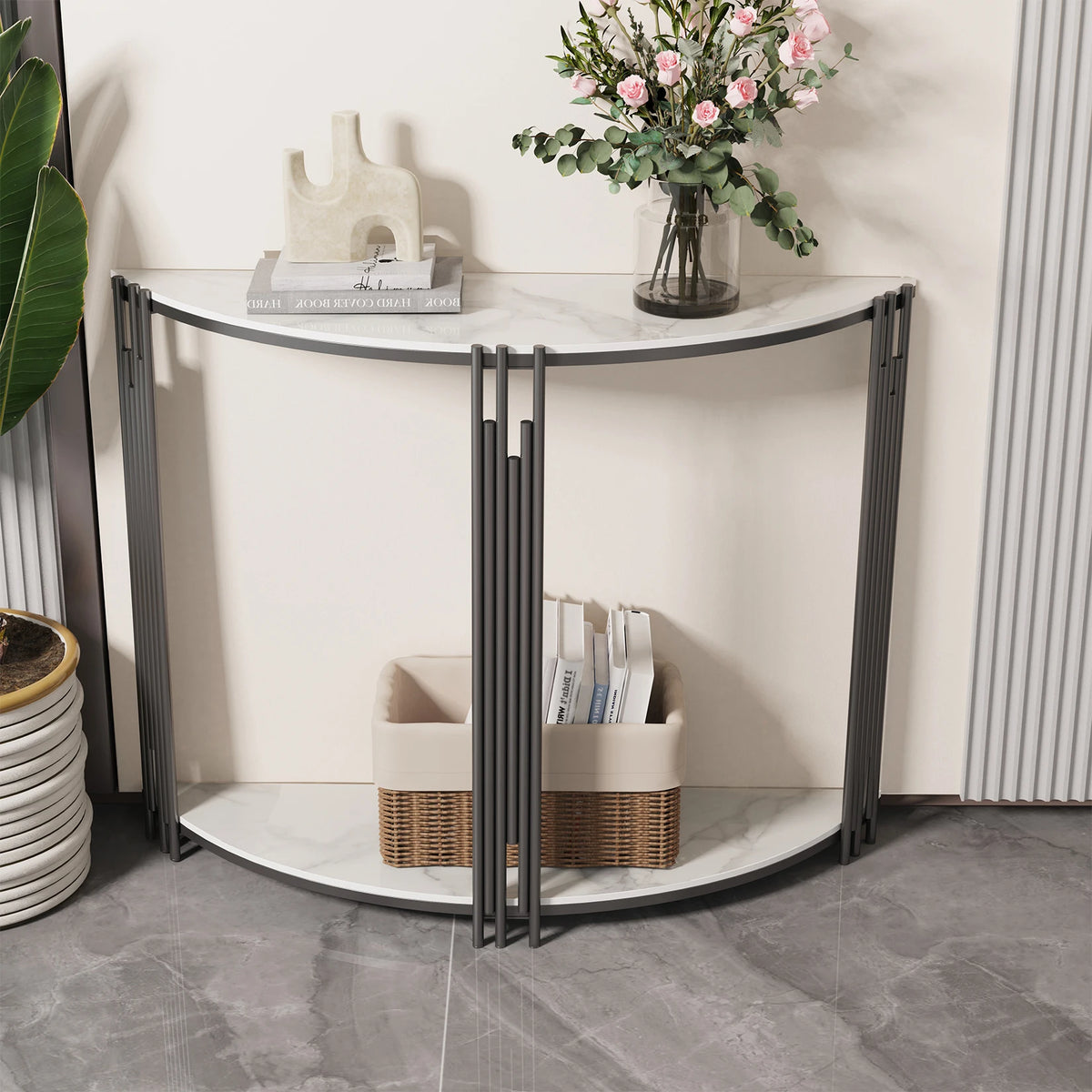 Half moon console table with white stone shelves in an entryway