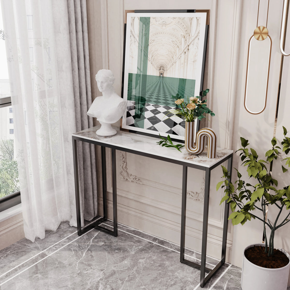 Stone top console table in an entryway