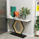 Hexagon console table in a hallway with plants