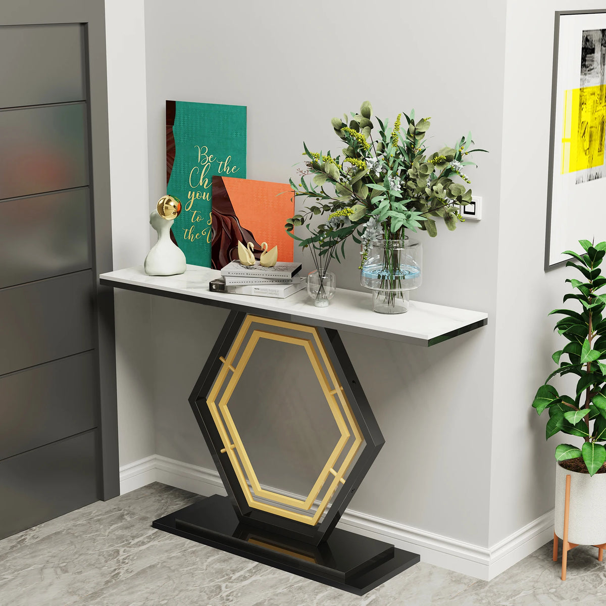 Hexagon console table in a hallway with plants