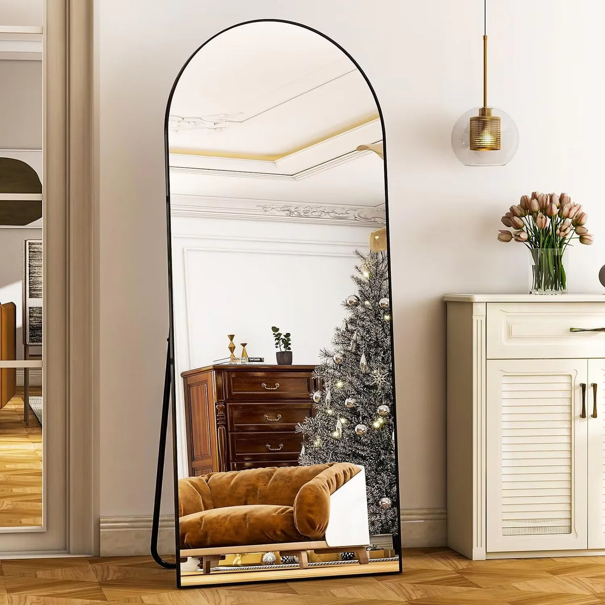 Arched full length floor mirror, black frame