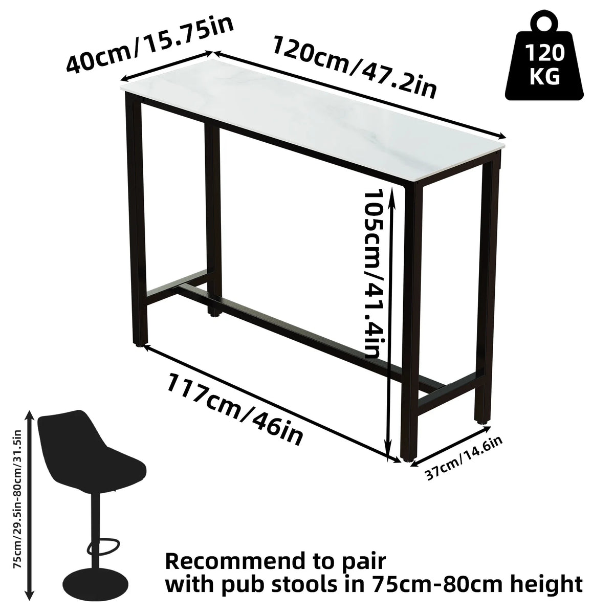 Bar table dimensions 47.2 x 15.75 x 41.4 inches
