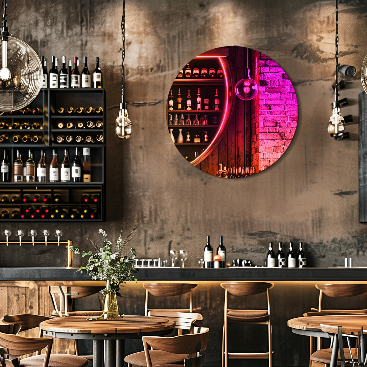 Gradient round mirror on a bar wall
