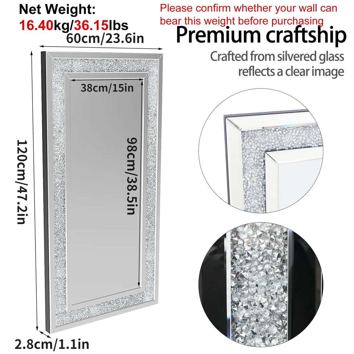 Crushed crystal wall mirror dimensions