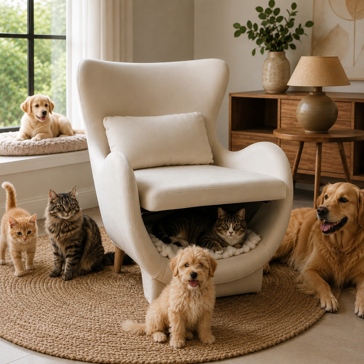 Wingback Accent Chair with Hidden Pet Nook — 2-in-1 Velvet Armchair & Cat/Dog Bed (Cream) (US Stock | Ship Immediately )
