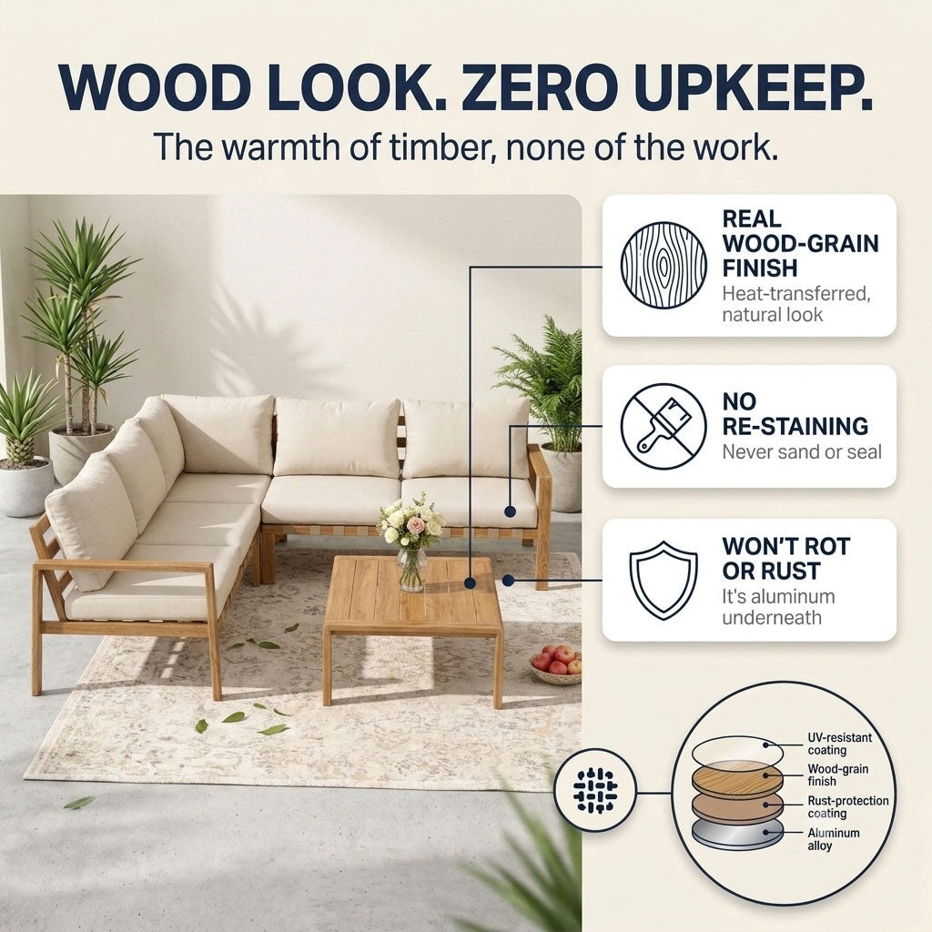 Wood-look aluminum frame with zero upkeep