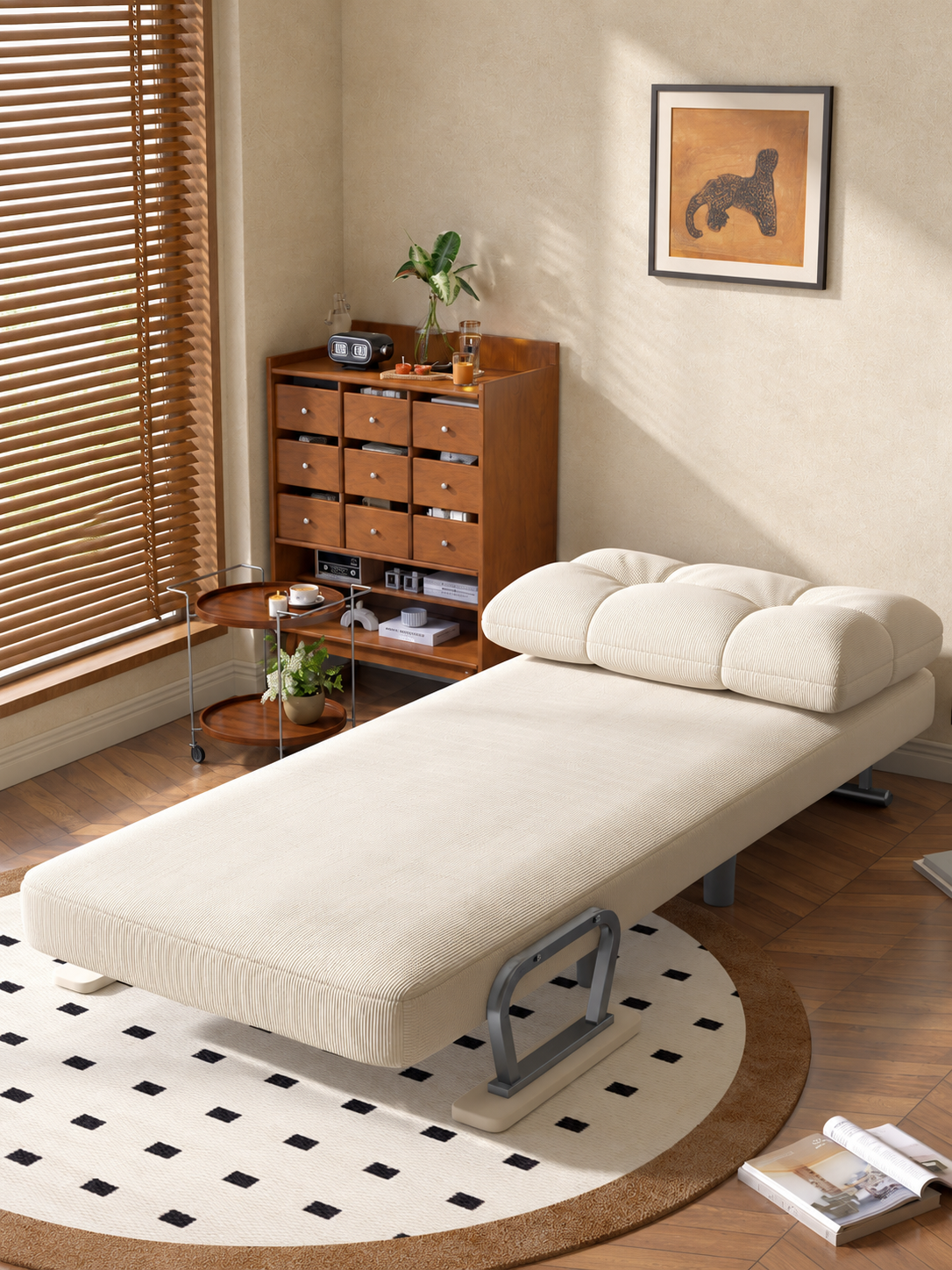 International folding sleeper chair fully opened as a flat bed in ivory corduroy