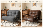 Seat measurements — approximately 59 cm seat depth and 38 cm seat height