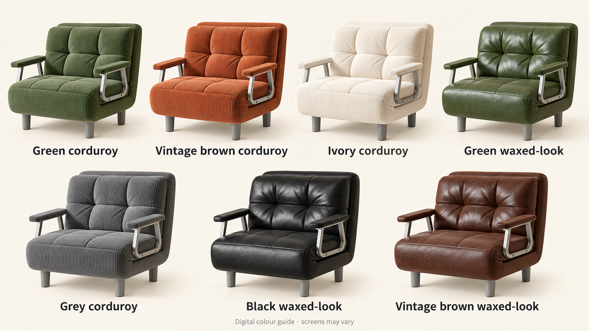 Seven upholstery finishes — illustrative digital colour guide for the international folding sleeper