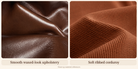 Close-up photographs of waxed-look upholstery and ribbed corduroy