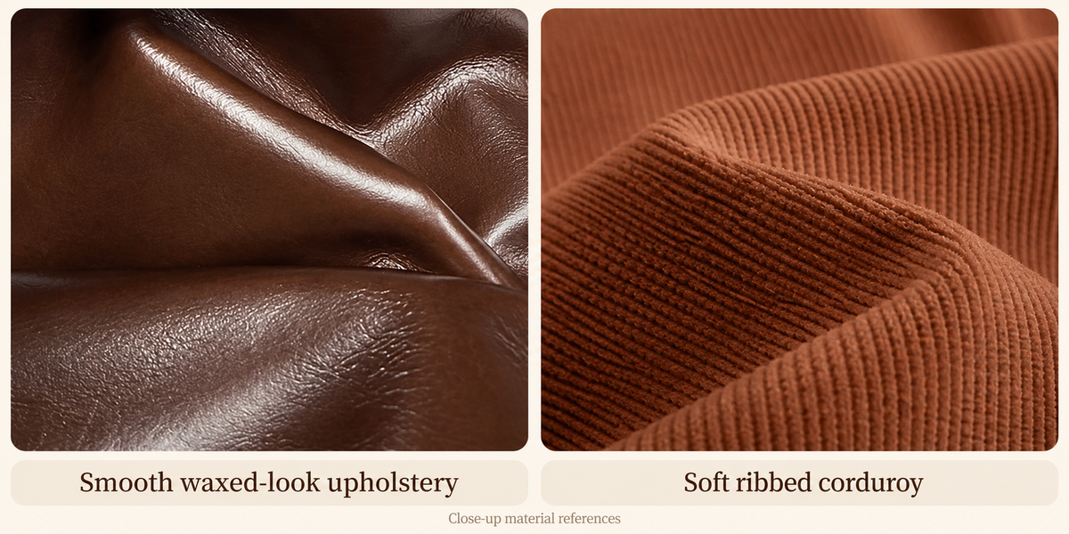 Close-up photographs of waxed-look upholstery and ribbed corduroy