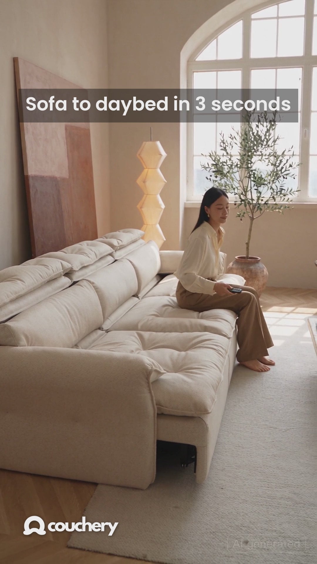 LuxeNap extendable sofa bed in oatmeal fabric, Milan apartment (AI-styled scene of our real design)