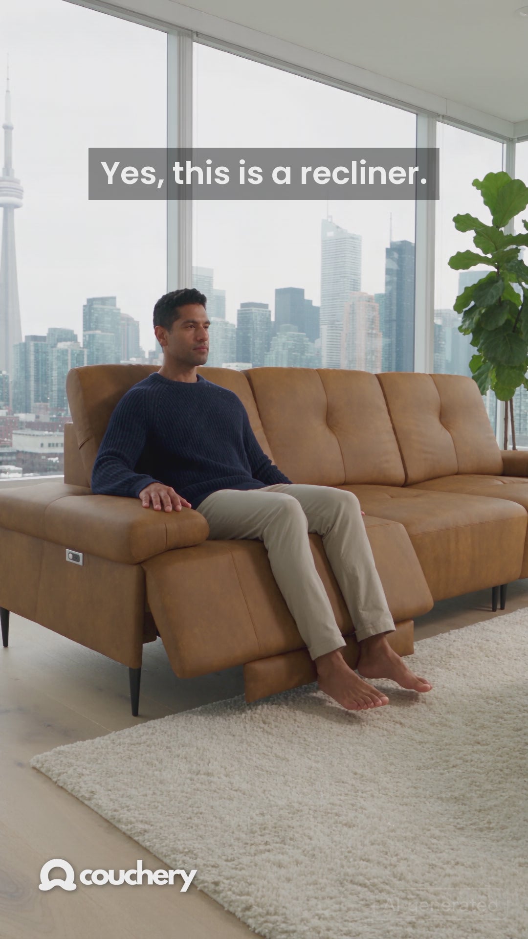 Cascade power recliner reclining against a wall, caramel leather (AI-styled scene of our real design)