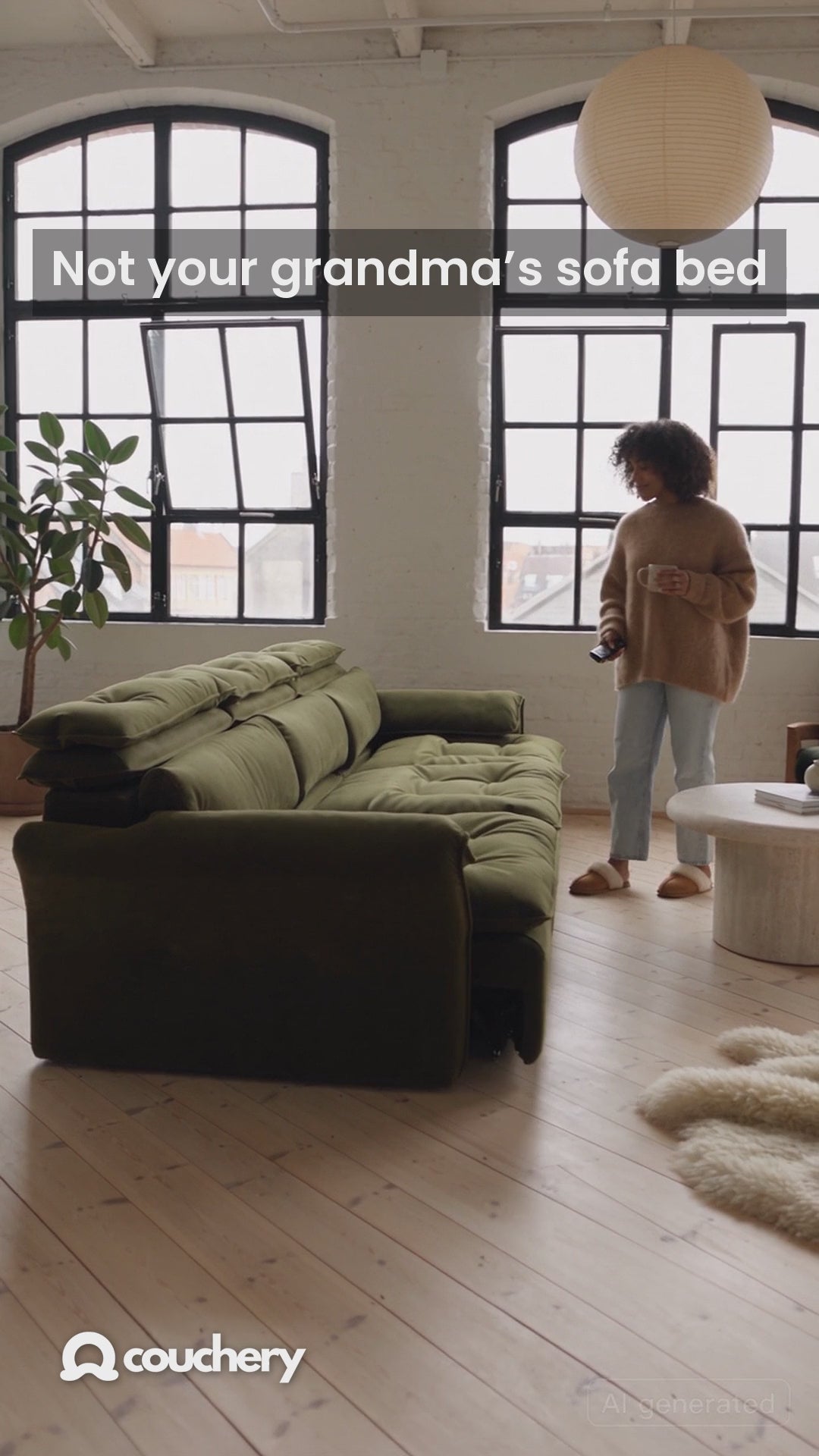 LuxeNap extendable sofa bed in olive velvet, Copenhagen loft (AI-styled scene of our real design)